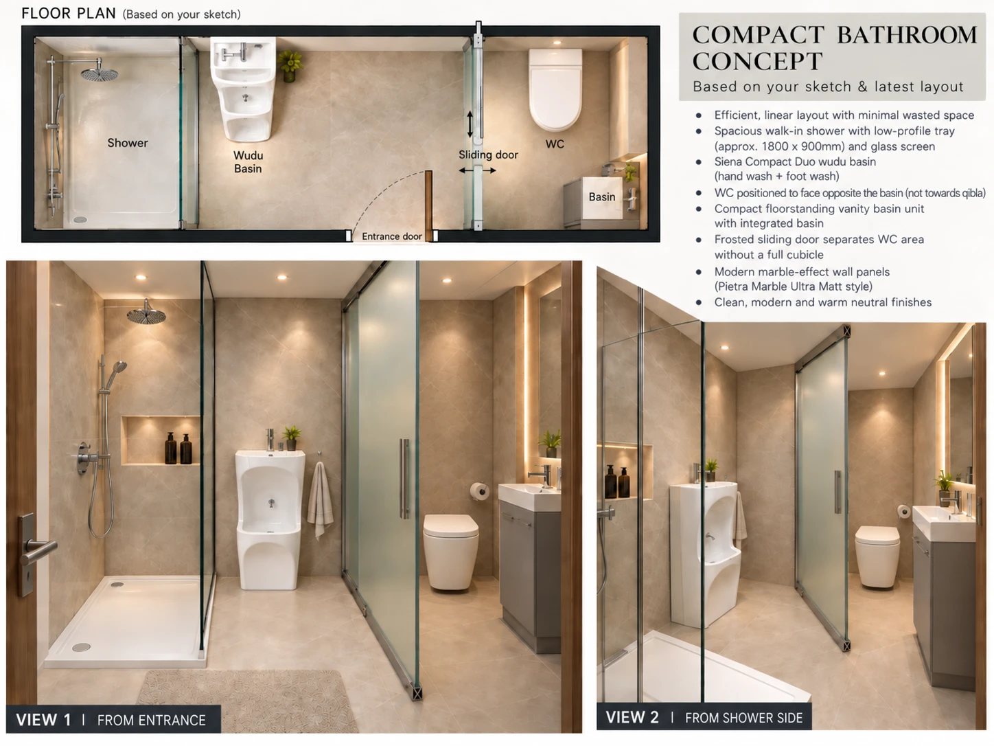 Concept visual of the finished bathroom: walk-in shower, wudu basin, frosted sliding door and WC with vanity basin