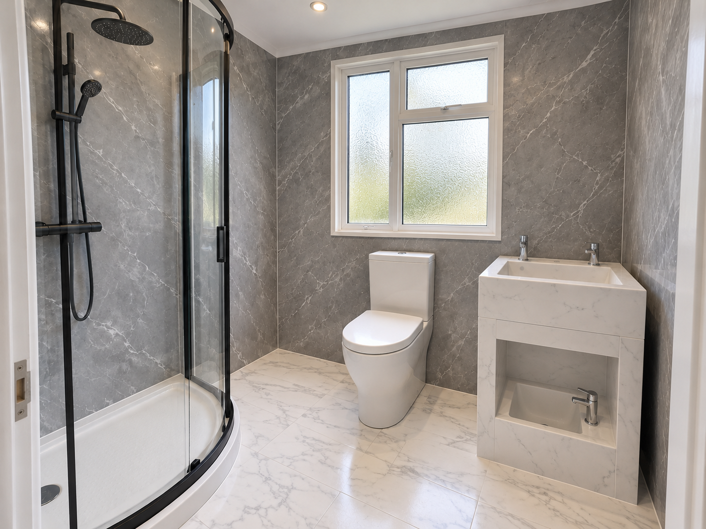 After concept: curved black shower, toilet below window facing into room, Wudu basin beside it, grey marble walls and white marble floor