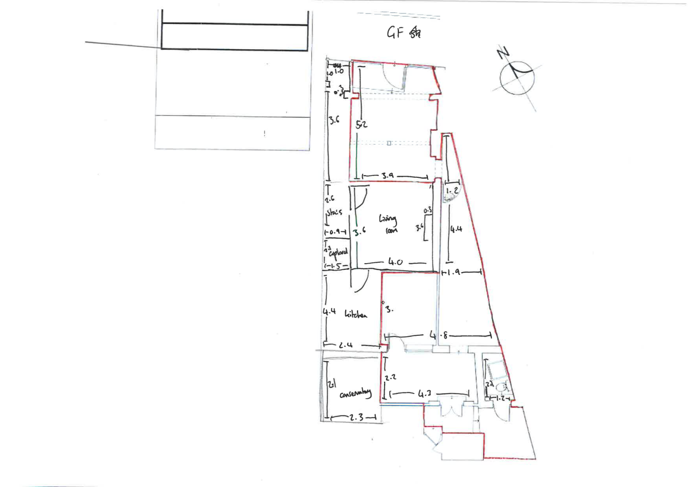 Original measured ground floor sketch with commercial boundary in red